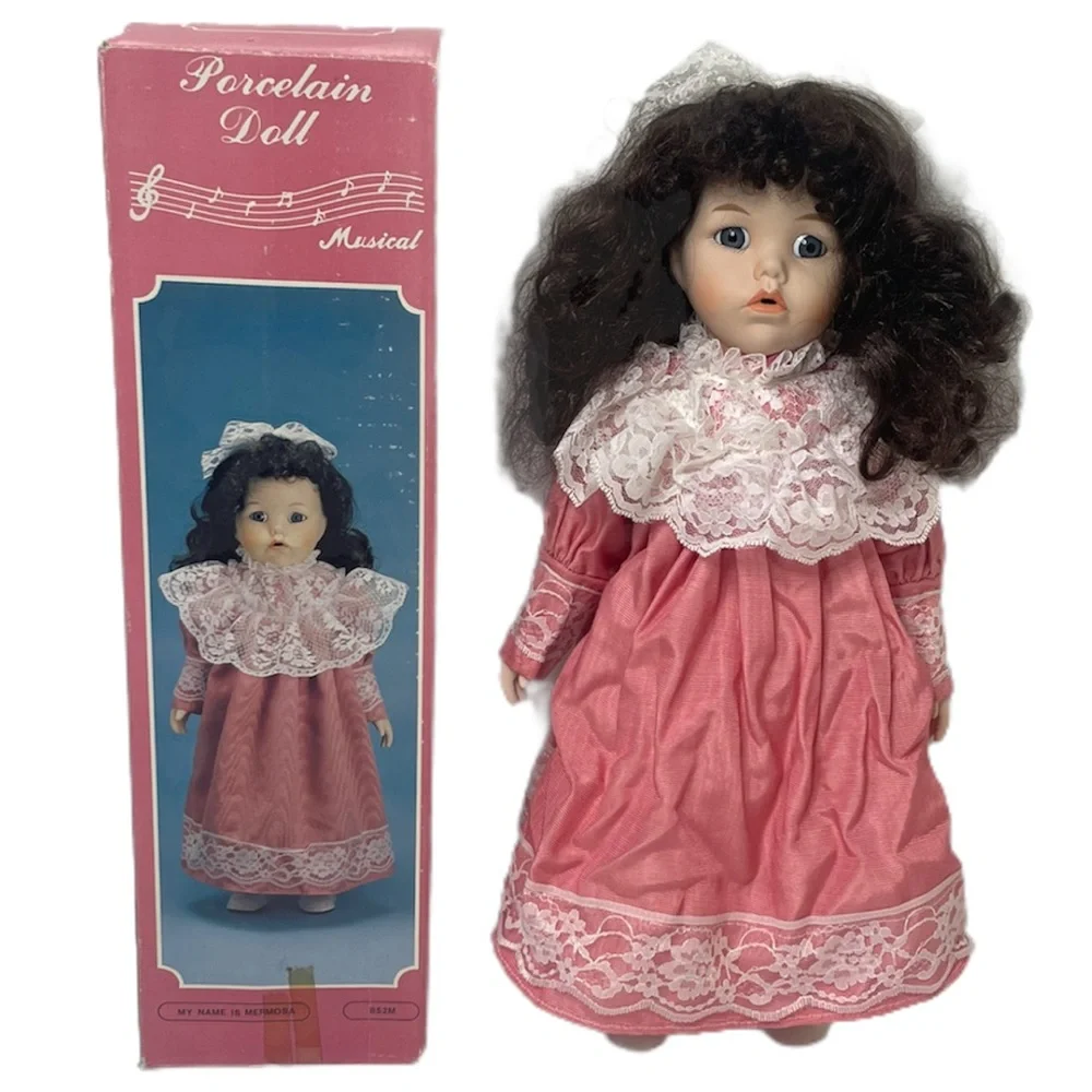Vintage Music Box Doll Porcelain Musical Mermosa Cottage Core Lace Collectible